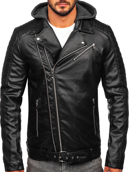 Bolf Herren Kunstlederjacke Biker mit Kapuze Schwarz 11Z8005