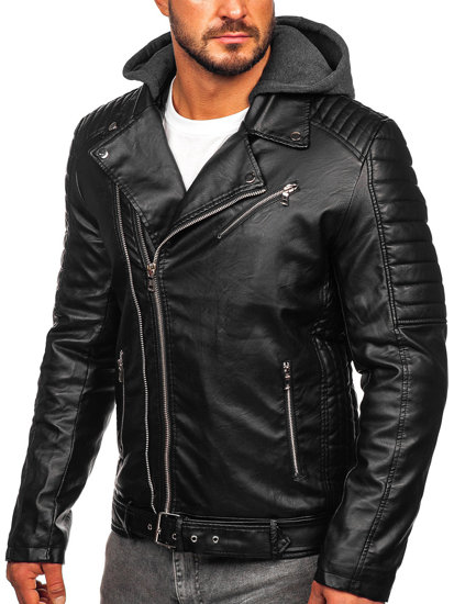 Bolf Herren Kunstlederjacke Biker mit Kapuze Schwarz 11Z8005