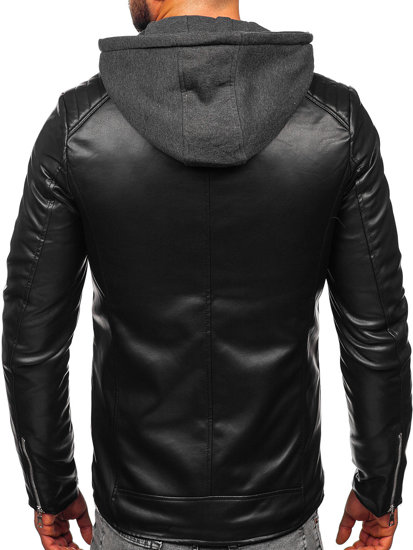 Bolf Herren Kunstlederjacke Biker mit Kapuze Schwarz  11Z8012-A