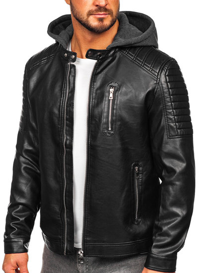 Bolf Herren Kunstlederjacke Biker mit Kapuze Schwarz   11Z8018