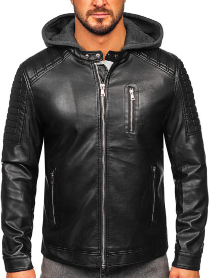 Bolf Herren Kunstlederjacke Biker mit Kapuze Schwarz   11Z8018