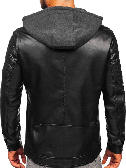 Bolf Herren Kunstlederjacke Biker mit Kapuze Schwarz   11Z8018