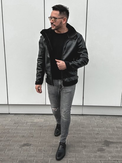 Bolf Herren Kunstlederjacke Warm Gefüttert Teddy Fell Schwarz  EX930