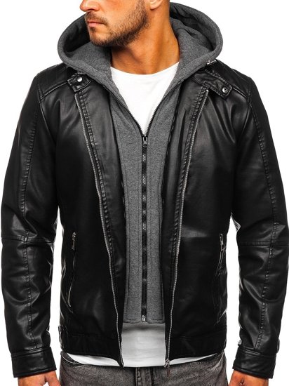 Bolf Herren Kunstlederjacke mit Kapuze Schwarz  1150