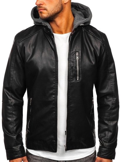 Bolf Herren Kunstlederjacke mit Kapuze Schwarz  1150