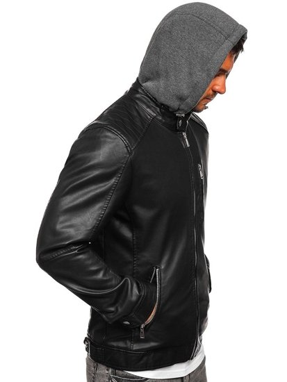 Bolf Herren Kunstlederjacke mit Kapuze Schwarz  1150