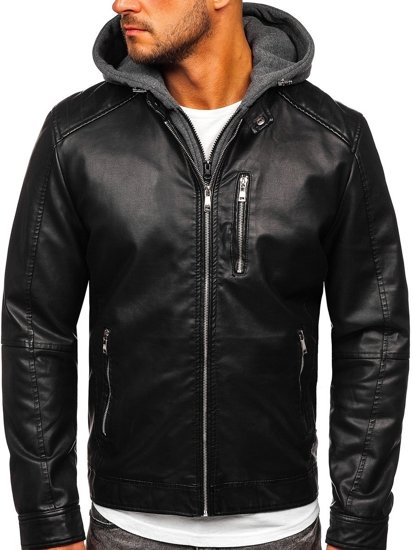 Bolf Herren Kunstlederjacke mit Kapuze Schwarz  1150