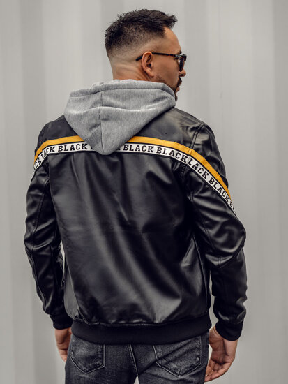 Bolf Herren Kunstlederjacke mit Kapuze Schwarz-Gelb  HY614