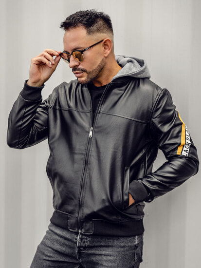 Bolf Herren Kunstlederjacke mit Kapuze Schwarz-Gelb  HY614