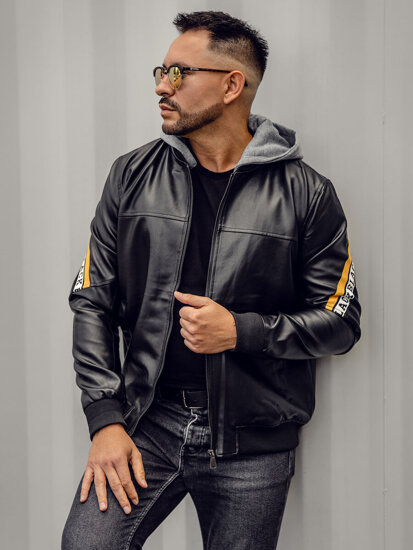 Bolf Herren Kunstlederjacke mit Kapuze Schwarz-Gelb  HY614