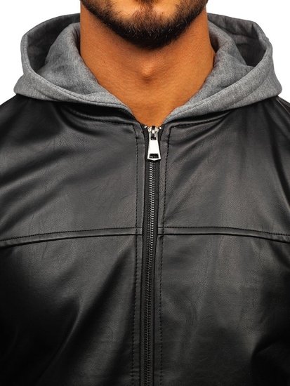 Bolf Herren Kunstlederjacke mit Kapuze Schwarz-Gelb  HY614