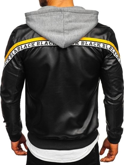 Bolf Herren Kunstlederjacke mit Kapuze Schwarz-Gelb  HY614