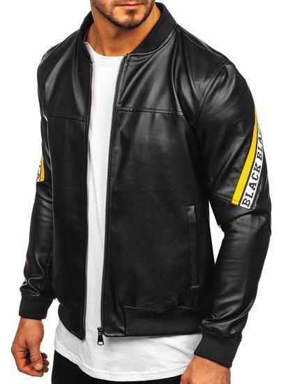 Bolf Herren Kunstlederjacke mit Kapuze Schwarz-Gelb  HY614