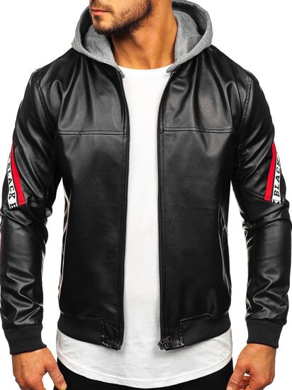 Bolf Herren Kunstlederjacke mit Kapuze Schwarz-Rot  HY614