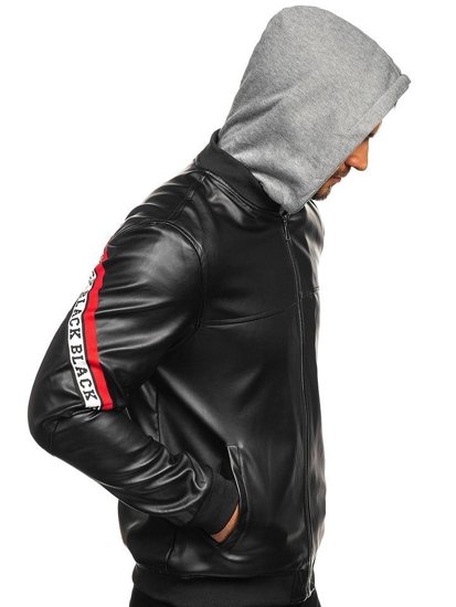 Bolf Herren Kunstlederjacke mit Kapuze Schwarz-Rot  HY614