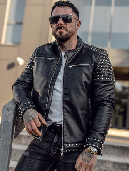 Bolf Herren Kunstlederjacke mit Nieten Schwarz  11Z8007