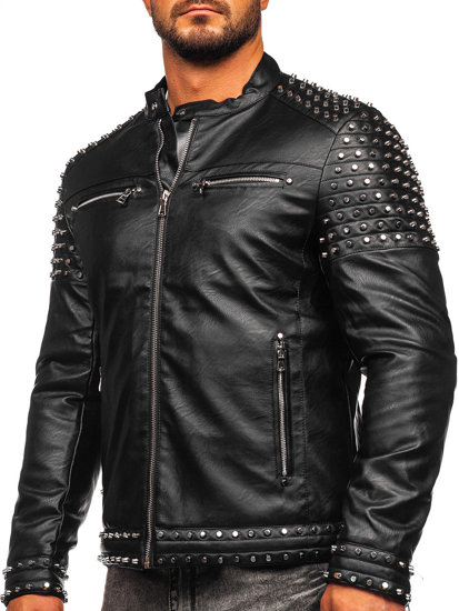 Bolf Herren Kunstlederjacke mit Nieten Schwarz  11Z8007