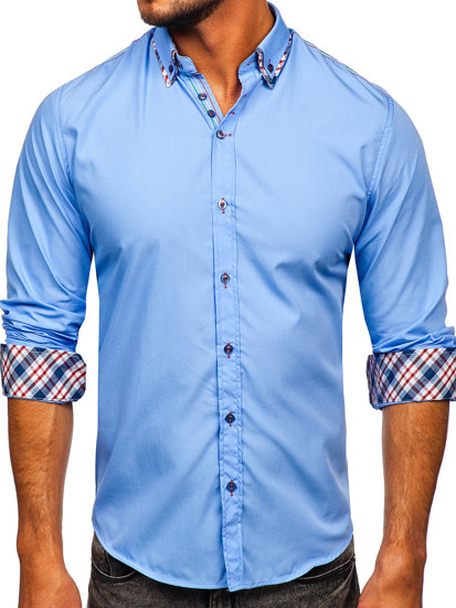 Bolf Herren Langarm Hemd Elegant Azurblau  3701