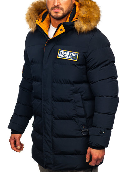 Bolf Herren Lange Gepolsterte Winterjacke Dunkelblau  6476