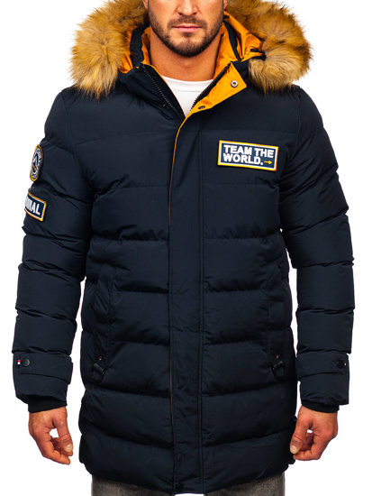 Bolf Herren Lange Gepolsterte Winterjacke Dunkelblau  6476