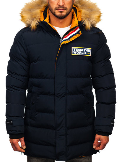 Bolf Herren Lange Gepolsterte Winterjacke Dunkelblau  6477