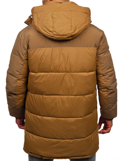 Bolf Herren Lange Gepolsterte Winterjacke mit Kapuze Camel  31M5016