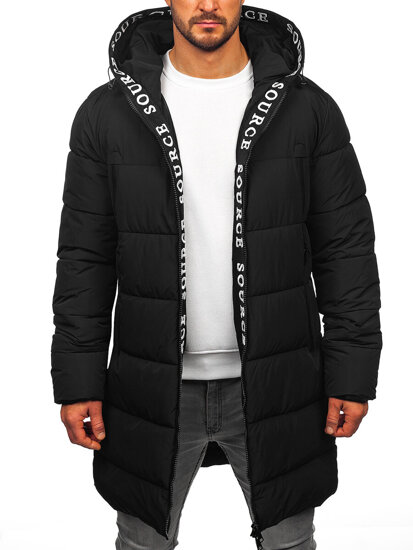 Bolf Herren Lange Gepolsterte Winterjacke mit Kapuze Schwarz  22M329