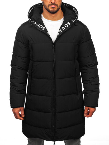 Bolf Herren Lange Gepolsterte Winterjacke mit Kapuze Schwarz  22M329