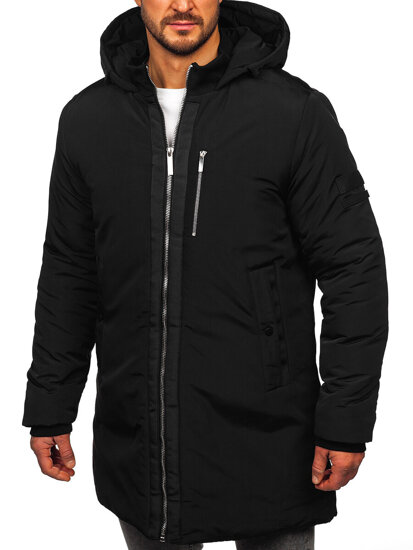 Bolf Herren Lange Winterjacke mit Kapuze Schwarz  5M3121