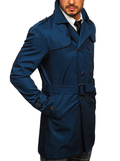 Bolf Herren Mantel Zweireihiger Trenchcoat mit Hochkragen und Gürtel Hellblau  0001