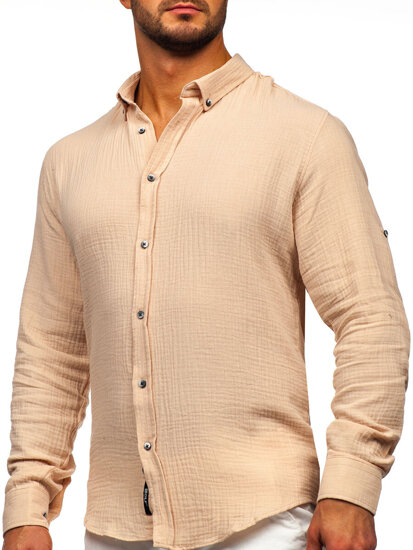 Bolf Herren Musselin Hemd Langarm Beige 22746