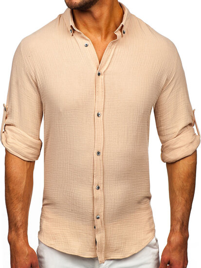 Bolf Herren Musselin Hemd Langarm Beige 22746