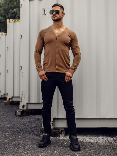 Bolf Herren Pullover Aufknöpfbar Braun  YY06