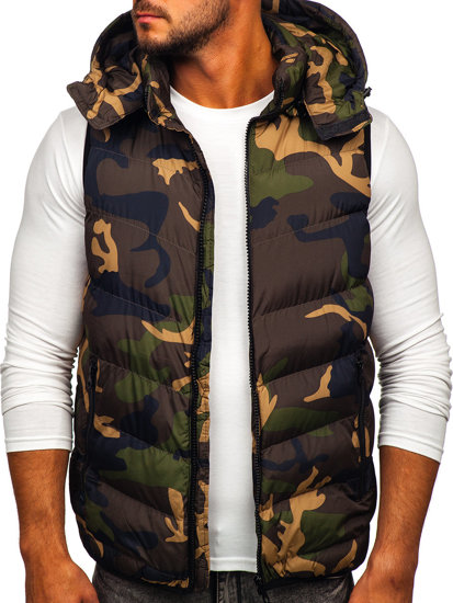 Bolf Herren Steppweste mit Kapuze Camo Khaki  6876