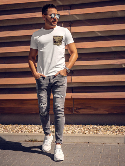 Bolf Herren T-Shirt mit Brusttasche mit Motiv Camo Weiß-Grün  8T85A