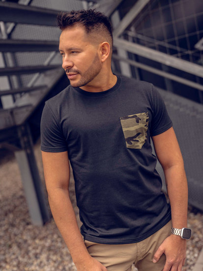 Bolf Herren T-Shirt mit Brusttasche und Motiv Camo Schwarz-Grün  8T85A