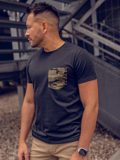 Bolf Herren T-Shirt mit Brusttasche und Motiv Camo Schwarz-Grün  8T85A