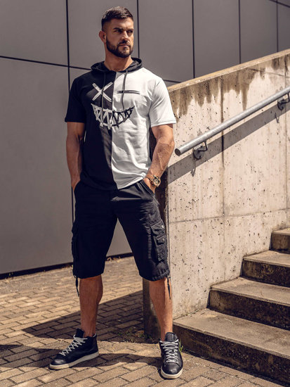 Bolf Herren T-Shirt mit Motib mit Kapuze Schwarz-Weiß  8T981A