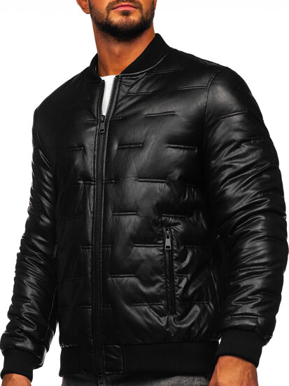 Bolf Herren Warme Kunstlederjacke Gepolsterte Winterjacke Bomberjacke Schwarz  11Z8099