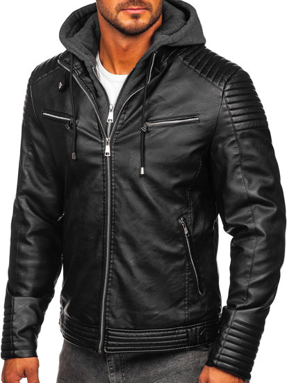 Bolf Herren Warme Kunstlederjacke mit Kapuze Schwarz  11Z8063