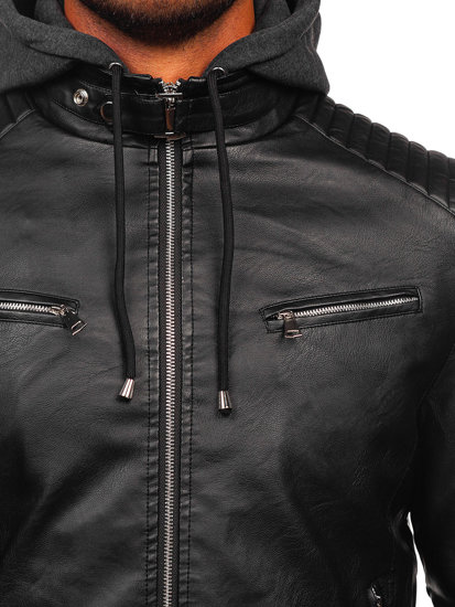 Bolf Herren Warme Kunstlederjacke mit Kapuze Schwarz  11Z8063