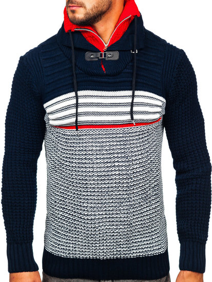 Bolf Herren Warmer Pullover mit Stehkragen Dunkelblau-Rot  2026