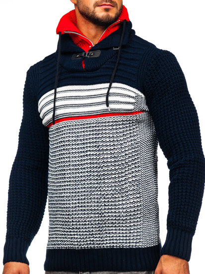 Bolf Herren Warmer Pullover mit Stehkragen Dunkelblau-Rot  2026