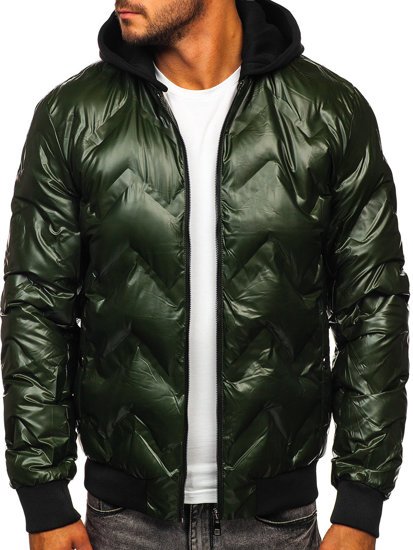 Bolf Herren Winterjacke Bomberjacke mit Kapuze Grün  6590