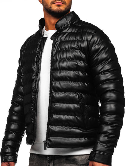 Bolf Herren Winterjacke Steppjacke aus Kunstleder Schwarz  0021