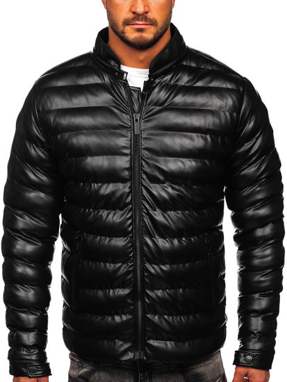 Bolf Herren Winterjacke Steppjacke aus Kunstleder Schwarz  0021