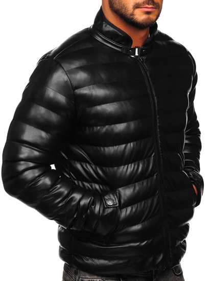 Bolf Herren Winterjacke Steppjacke aus Kunstleder Schwarz  0021