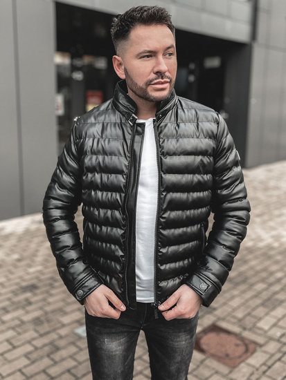 Bolf Herren Winterjacke Steppjacke aus Kunstleder Schwarz  0021