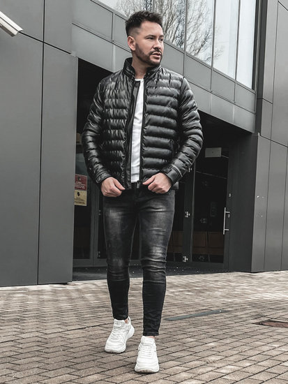 Bolf Herren Winterjacke Steppjacke aus Kunstleder Schwarz  0021