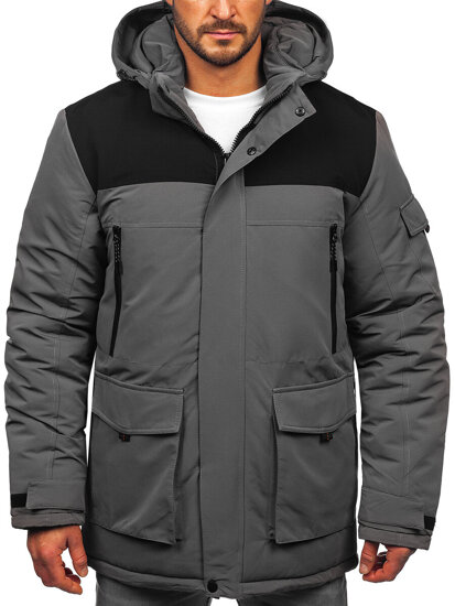 Bolf Herren Winterjacke mit Kapuze Schwarzgrau  22M322